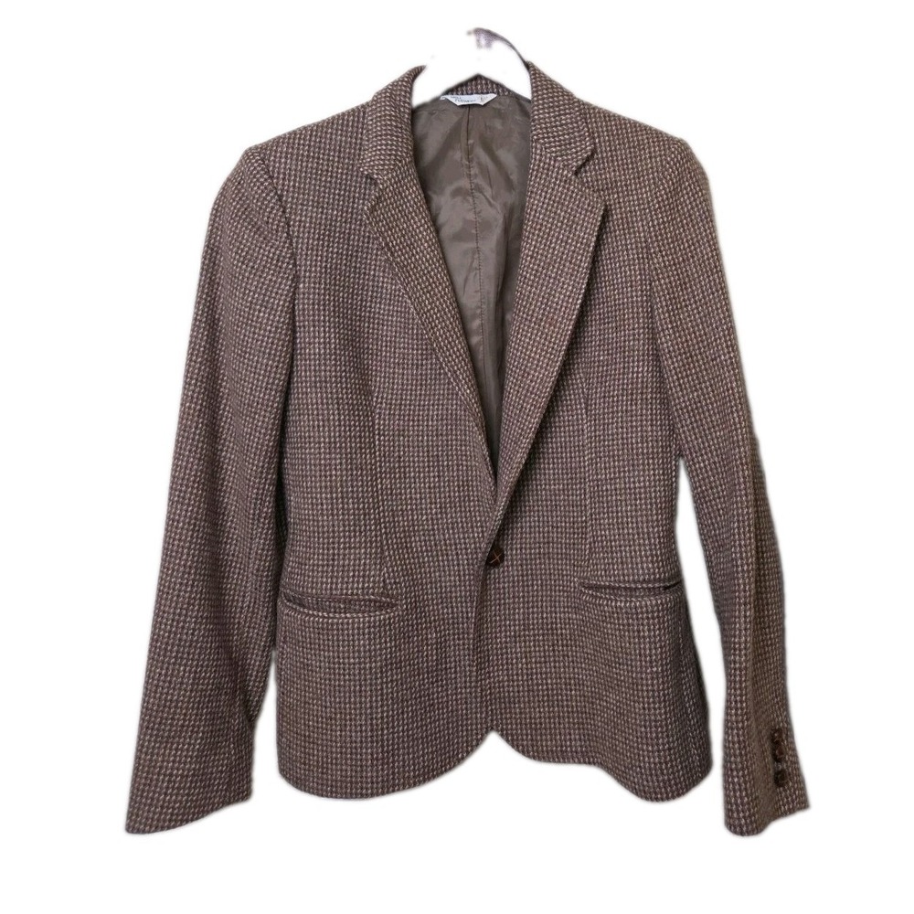 Vtg 80s 90s English Country Academic Check Wool Blazer Nell Flowers Size 12